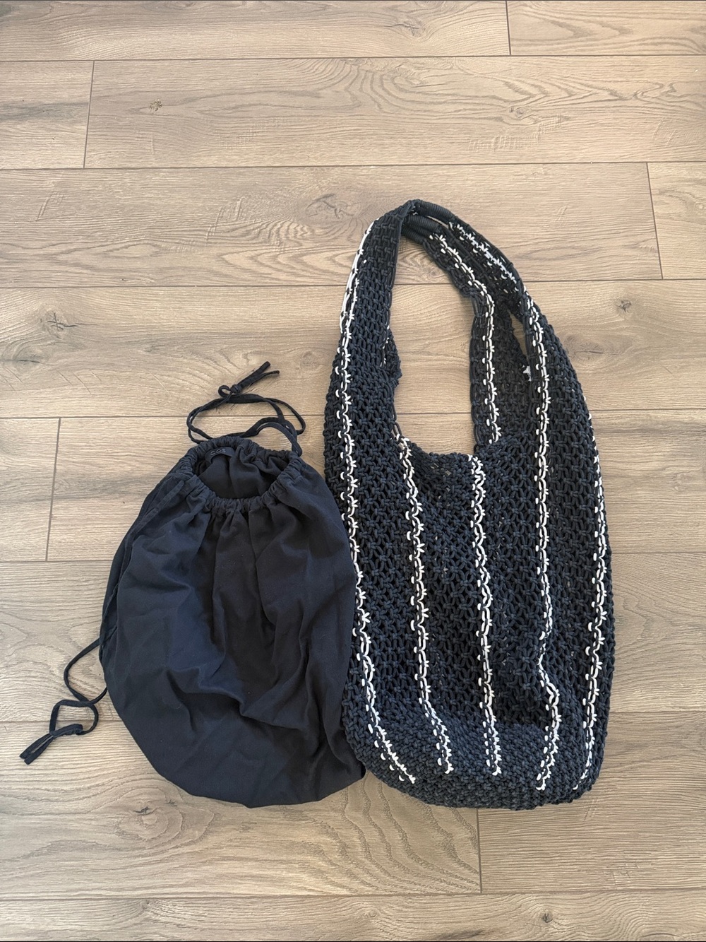 COS Black Crochet Tote with White Stripe Accents